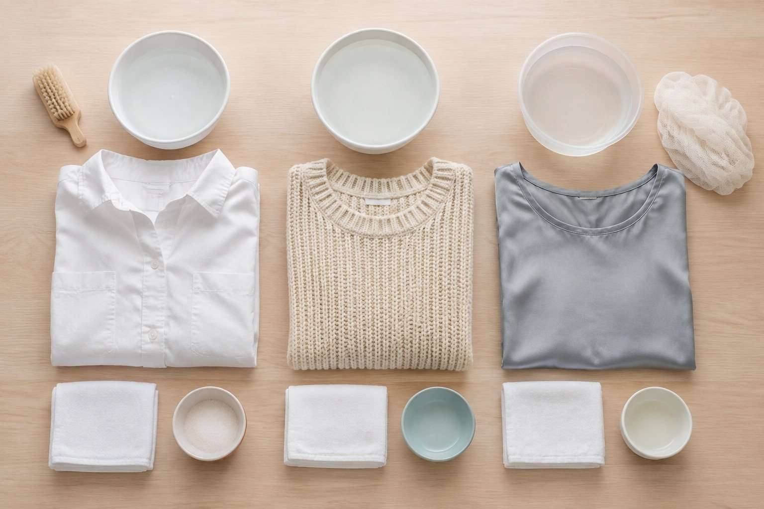 Prendas de varios tejidos preparadas con paños blancos para tratar manchas distintas.
